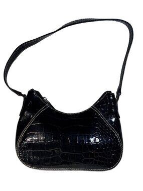 Liz Claiborne Purse Black Croc Embossed Contrast Stitching & Blue Interior Shoul